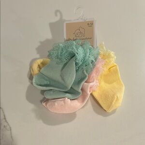 First Impressions pastel pink, green, yellow lace ruffle socks size 6-12 months